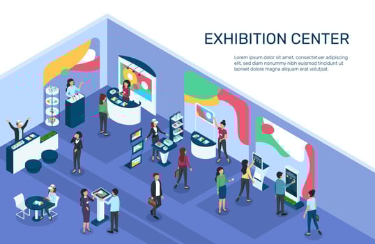 Isometric expo. Exhibition center with people, exhibit displays, stands, booths. Digital marketing, products promotion event 3d vector illustration