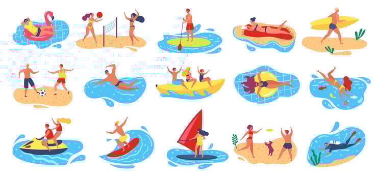 Beach activities. Active man and woman surfing, windsurfing, swimming, scuba diving. Summer vacation outdoor water sport activity vector set
