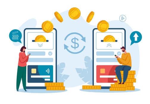 Money transfer. Receiving payment with smartphone. Digital bank or electronic wallet phone app, mobile money transactions vector concept