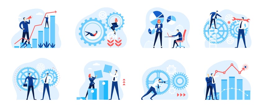 Business analysis. People with gears, diagrams, pie charts. Business mechanism, workflow company organization, partnership concept vector set