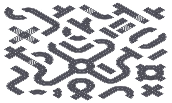 Isometric 3d roads. Asphalt highway with markings, ring road, crossroad, curved path. City street elements for infographic or map vector set