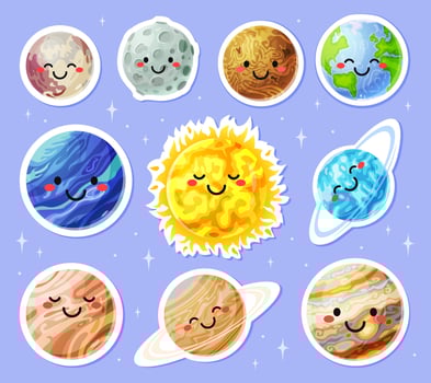 Planet stickers. Cartoon planets with cute faces. Sun, earth, moon, mars sticker. Funny solar system planets characters for kids vector set