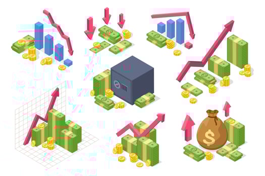 Money isometric chart. Income growth, financial success concept with money, coins, upward arrow. Economic crisis, stock market fall vector set