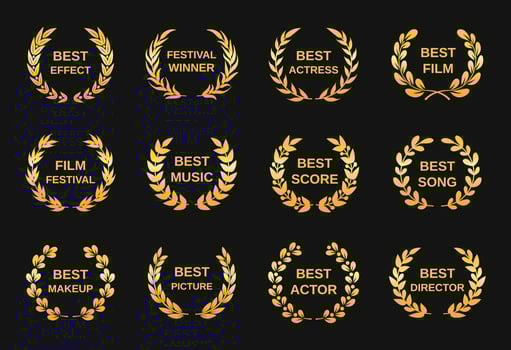 Movie award. Golden film awards, best director winner rewards. Cinema festival nomination emblems, gold laurel wreath winners logo vector set