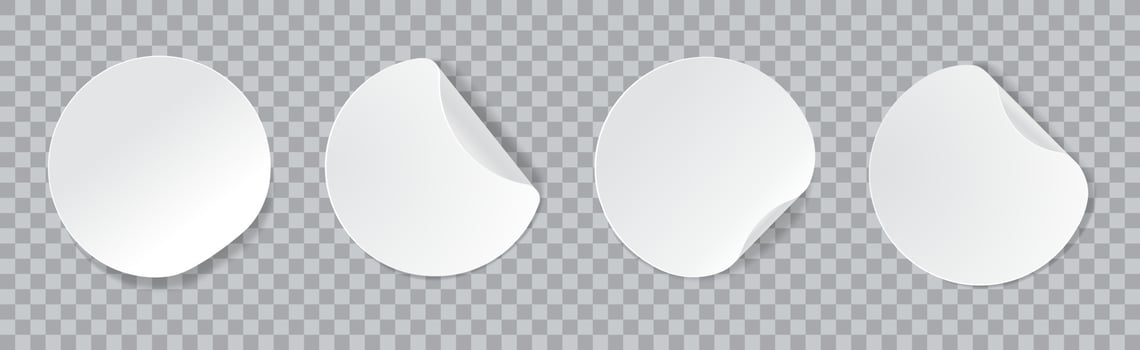 Round stickers. White adhesive sticker with curled edges. Circular paper notes, peeling sticky labels, blank circle tags vector mockup