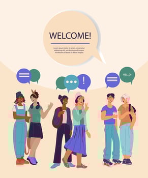 Welcome to university or college flyer or poster template with group of students. Back to school, college or university mockup with multiracial teenagers on background, flat vector illustration.