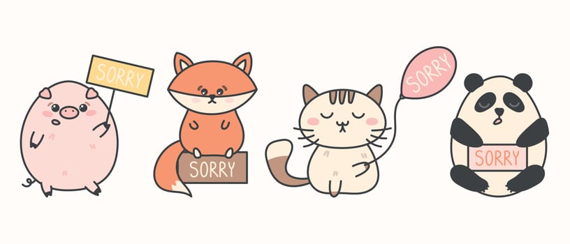 Cute apologetic animals saying sorry. A Cat with a Balloon, a Fox, a Panda and a pig. Set of vector isolated cartoon icons.
