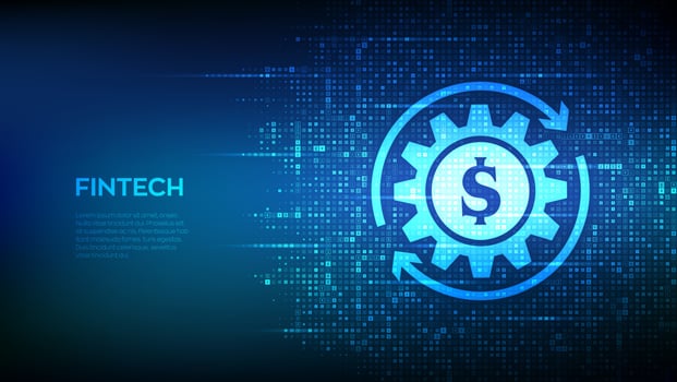 Fintech icon made with currency symbols. Financial technology, online banking and crowdfunding. Business investment payment technology concept. Background with currency signs. Vector illustration.