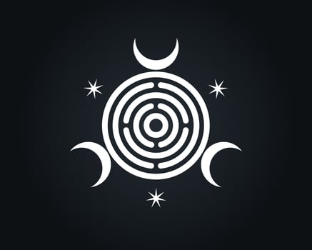Sacred Geometry, triple Goddess of Witchcraft Spiritual Greco Roman. Witch Wicca Sigil, Mystical labyrinth, triple crescent moon, white logo design vector isolated on black background