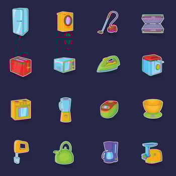 Household appliances icons set vector sticker