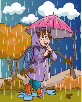 cute girl walking in the rain cartoon vector