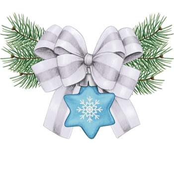 watercolor hand drawn christmas ball with bow and pine branches png