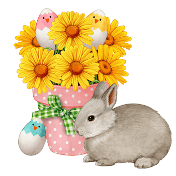 Watercolor yellow daisy bouquet with easter eggs and bunny png
