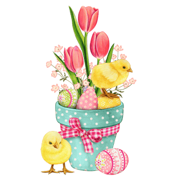 Watercolor cute easter vase with tulips chickens and colorful eggs png