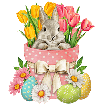 Watercolor pot with cute bunny easter eggs and tulips png