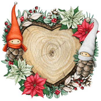 watercolor hand drawn wooden heart slice with elves, pinecones and pine branches png
