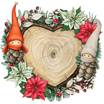 watercolor hand drawn wooden heart slice with elves, pinecones and pine branches png