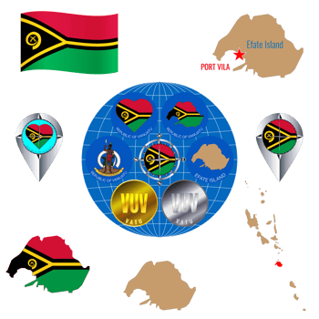 Set of  illustrations of flag, outline map, Vanuatu icons. Travel concept. png