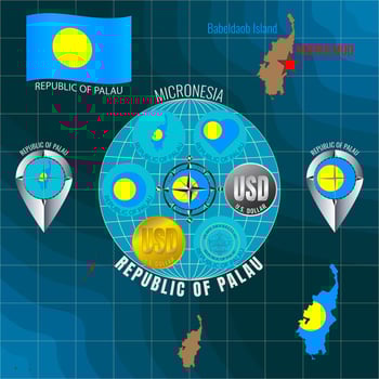 Set of vector illustrations of flag, outline map, icons of REPUBLIC OF PALAU. Travel concept.