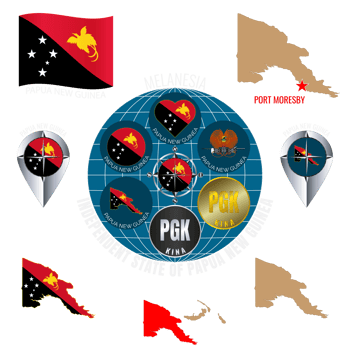 Set of illustrations of flag, outline map, icons of INDEPENDENT STATE OF PAPUA NEW GUINEA. Travel concept. png