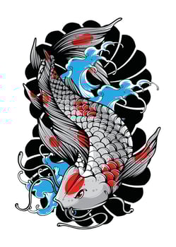 Koi Fish with Japanese Wave and Flowers Tattoo Japanese Illustration Style Isolated Vector. Editable Layer and Color. vector