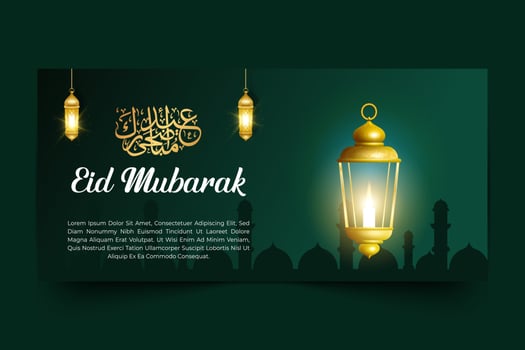 eid mubarak greeting banner eid mubarak background with chandelier concept, islamic calligraphy vector
