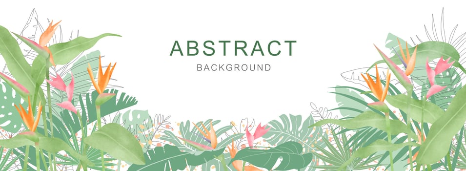 Abstract foliage and botanical background. Green tropical forest wallpaper of Bird of paradise, monstera leaves, palm leaf, branches in hand drawn pattern. Vector illustration.