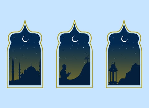 Ramadan Kareem illustration with mosque silhouette and starlight and moon, Background Business Label, Invitation Template, social media, etc. ramadan kareem themed flat vector illustration.