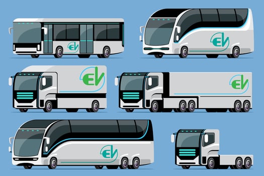 Car vector template on blue background. electric bus, truck, electric truck, trailer, automobile in cartoon style. For infographics, commercial, web and game design.