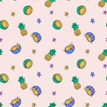 Hand drawn vector abstract cartoon summer time. Fun illustration seamless pattern with palm leaves, flowers, coconut, and pineapple.