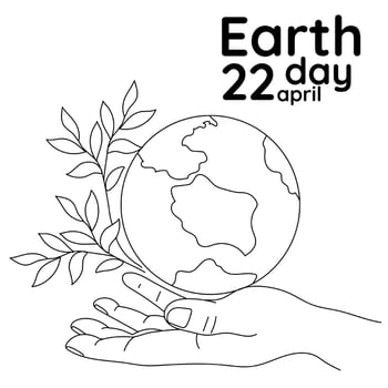 Happy Earth Day. Light male hands hold the globe, the earth, a growing branch. The concept of Earth Day. A modern illustration in the style of a flat cartoon. A simple outline illustration. Print vector