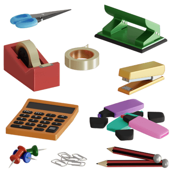 3d rendered office set includes calculator, highlighter, pins, scissors, pencil, insulation tape, stapler, hole punch perfect for design project png