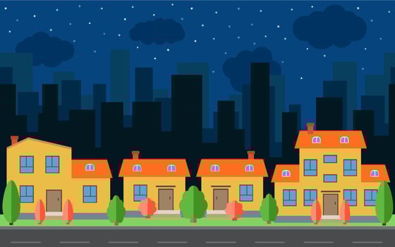 Vector night city with cartoon houses and buildings. City space with road on flat style background concept. Summer urban landscape. Street view with cityscape on a background
