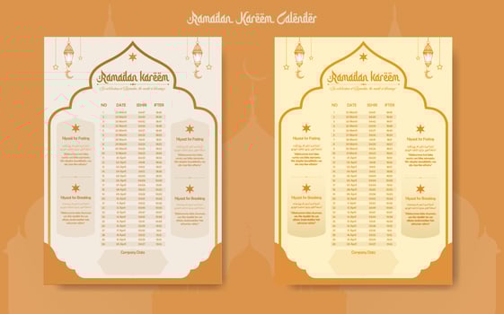 Ramadan time calendar 2023 With Prayer times in Ramadan. Ramadan Schedule - Fasting, Iftar, and Prayer timetable. Islamic background design with mosque and lamp. vector