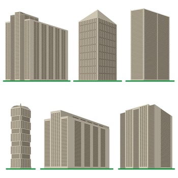 Set of six modern high-rise building on a white background. View of the building from the bottom. Isometric vector illustration.