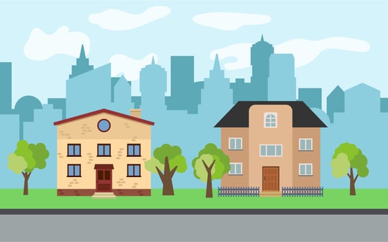 Vector city with two two-story cartoon houses and green trees in the sunny day. Summer urban landscape. Street view with cityscape on a background
