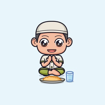cute cartoon muslim boy praying before eating vector