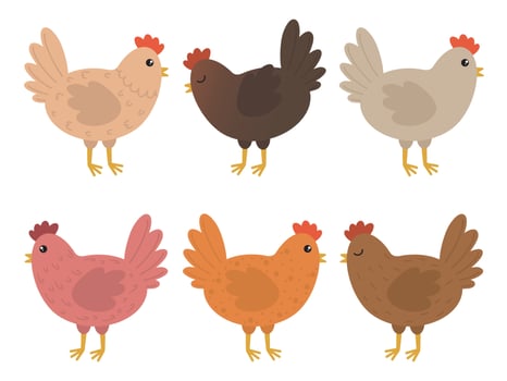 Set of cute chickens. Easter colored cartoon chickens. Vector illustration of a chicken. Set of cute cartoon chicken illustrations.