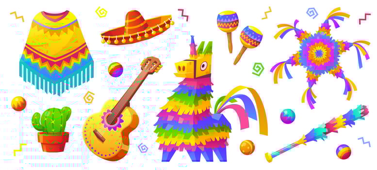 Cartoon set of mexican party accessories vector