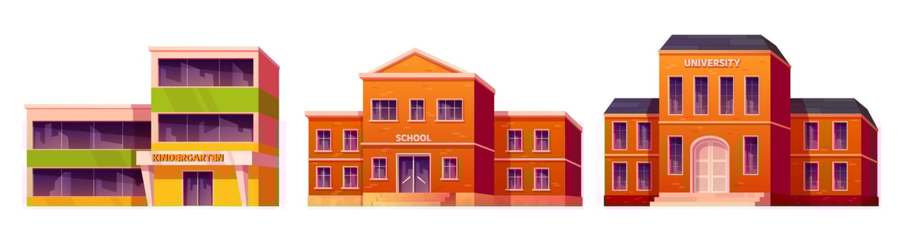 Kindergarten, school and university building set vector