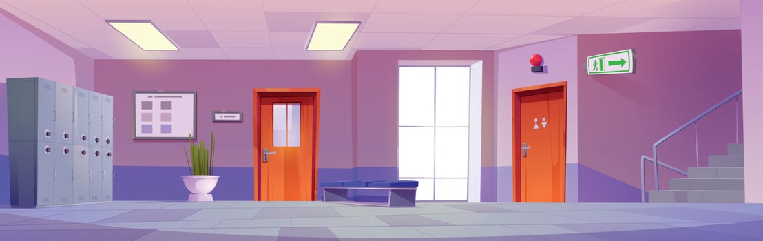 School hall with locker, stairs, exit signboard vector