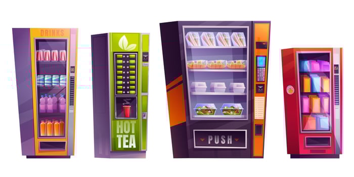 Set of vending machine with snack, candy and tea. vector