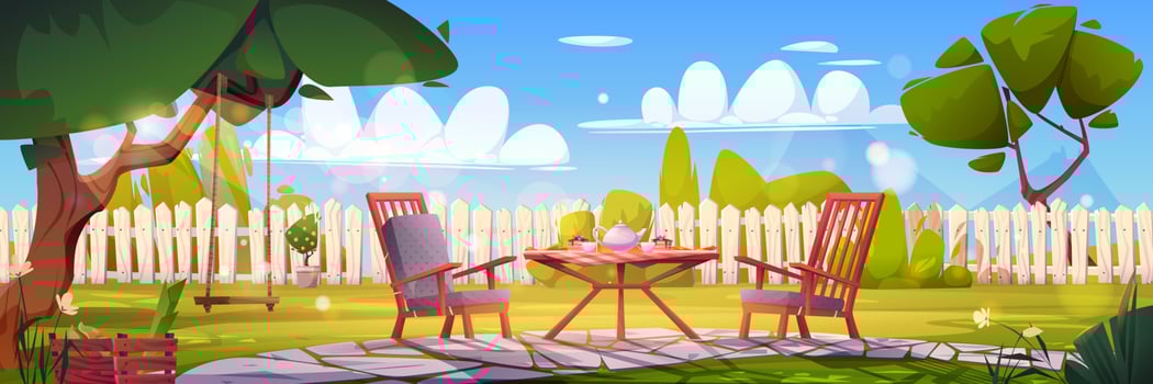 Breakfast on house backyard, countryside exterior vector