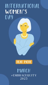 Embrace equity old woman embrace yourself 2023 vertical poster. International womens day concept, self love, self care. Stock vector illustration in flat style.
