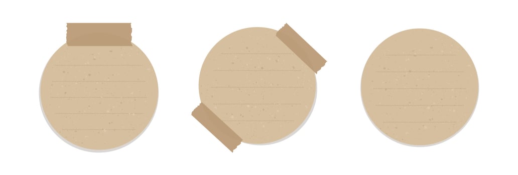 Round vintage brown paper note set. Recycled memo paper with adhesive tape. vector