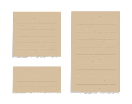 Vintage brown torn paper note set. Recycled memo paper with adhesive tape vector illustration.
