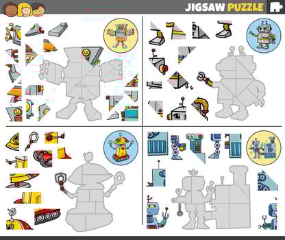 jigsaw puzzle games set with funny cartoon robots vector