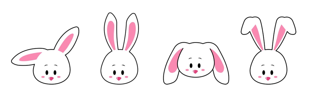 face set of a cute white rabbit. Kawaii bunny ear emoji, or bunny emoticon. symbol of a rabbit. Expression of a funny animal cartoon figure. outline in a vector illustration