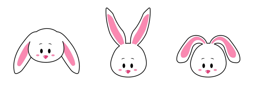 face set of a cute white rabbit. Kawaii bunny ear emoji, or bunny emoticon. symbol of a rabbit. Expression of a funny animal cartoon figure. outline in a vector illustration