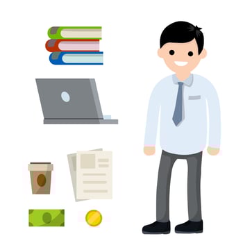 Male employee in shirt and tie. Office man and set of objects. Cute character. Joyful guy. Cartoon flat illustration. Books, laptop, coffee, document file, cash and coin money vector
